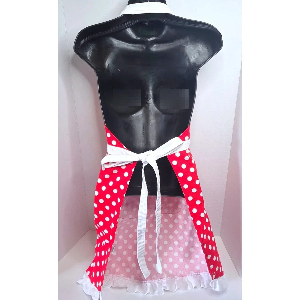 Disney Minnie Mouse Red Polka Dot Apron with Bow Pocket Ruffle Trim Adult Size
